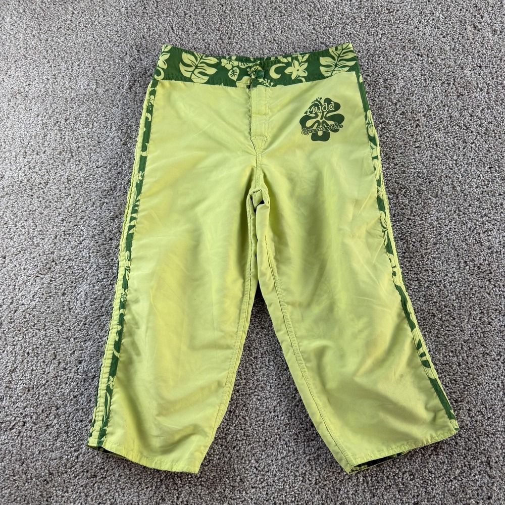 Y2K Mudd Board Shorts Girls 14 Yellow Hawaiian Floral Surf Swim Summer Beach